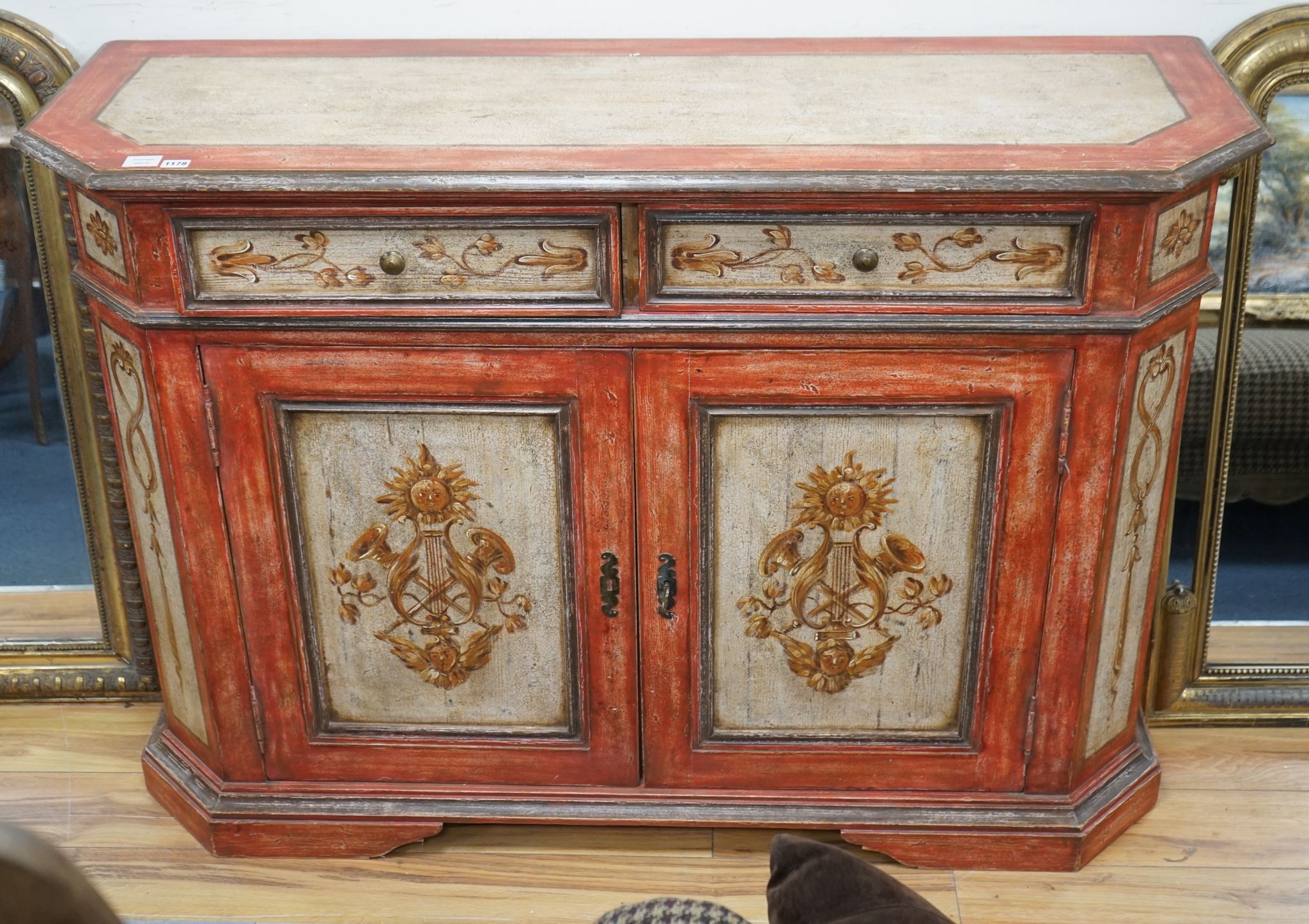 An 18th century French provincial style painted two door side cabinet, length 150cm, depth 49cm, height 105cm